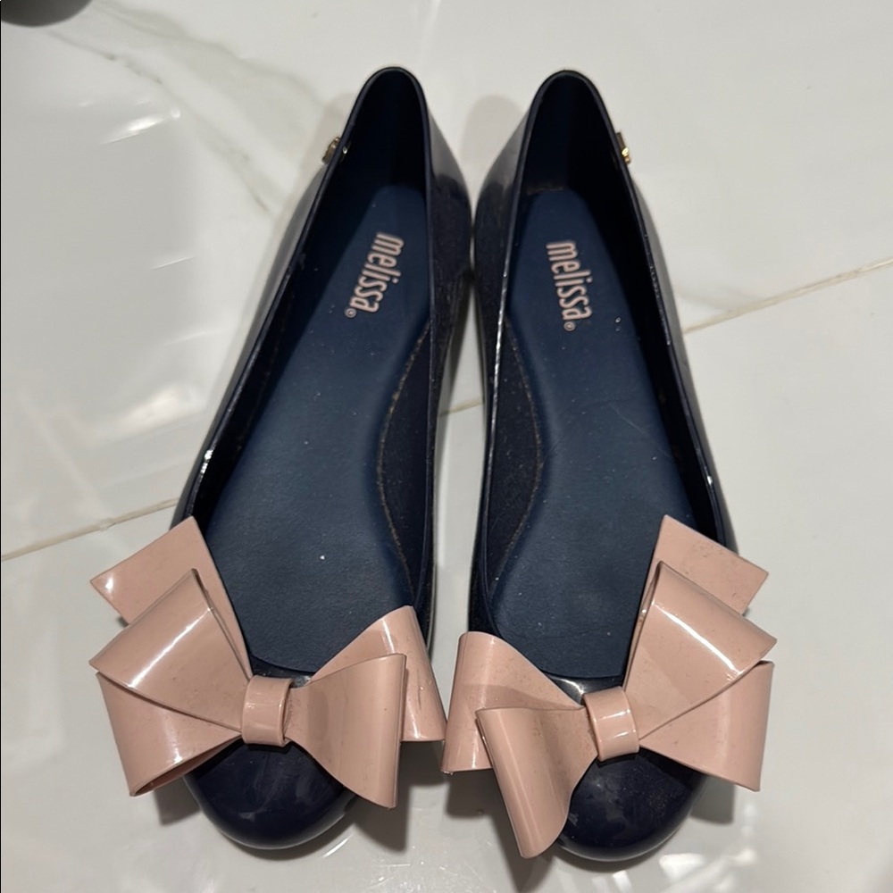 Melissa Women's Black and Pink Bow Flats